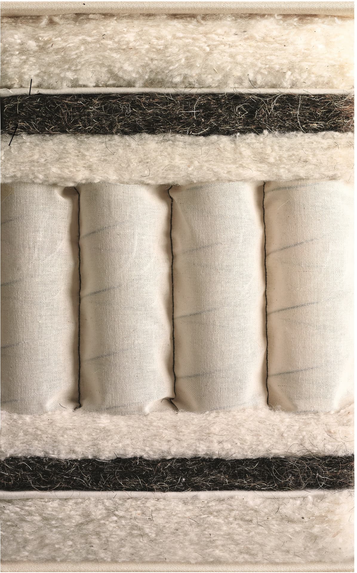 Cut-through of the Herald Superb mattress, layering horsetail, wool and cotton around hand-nested pocket springs