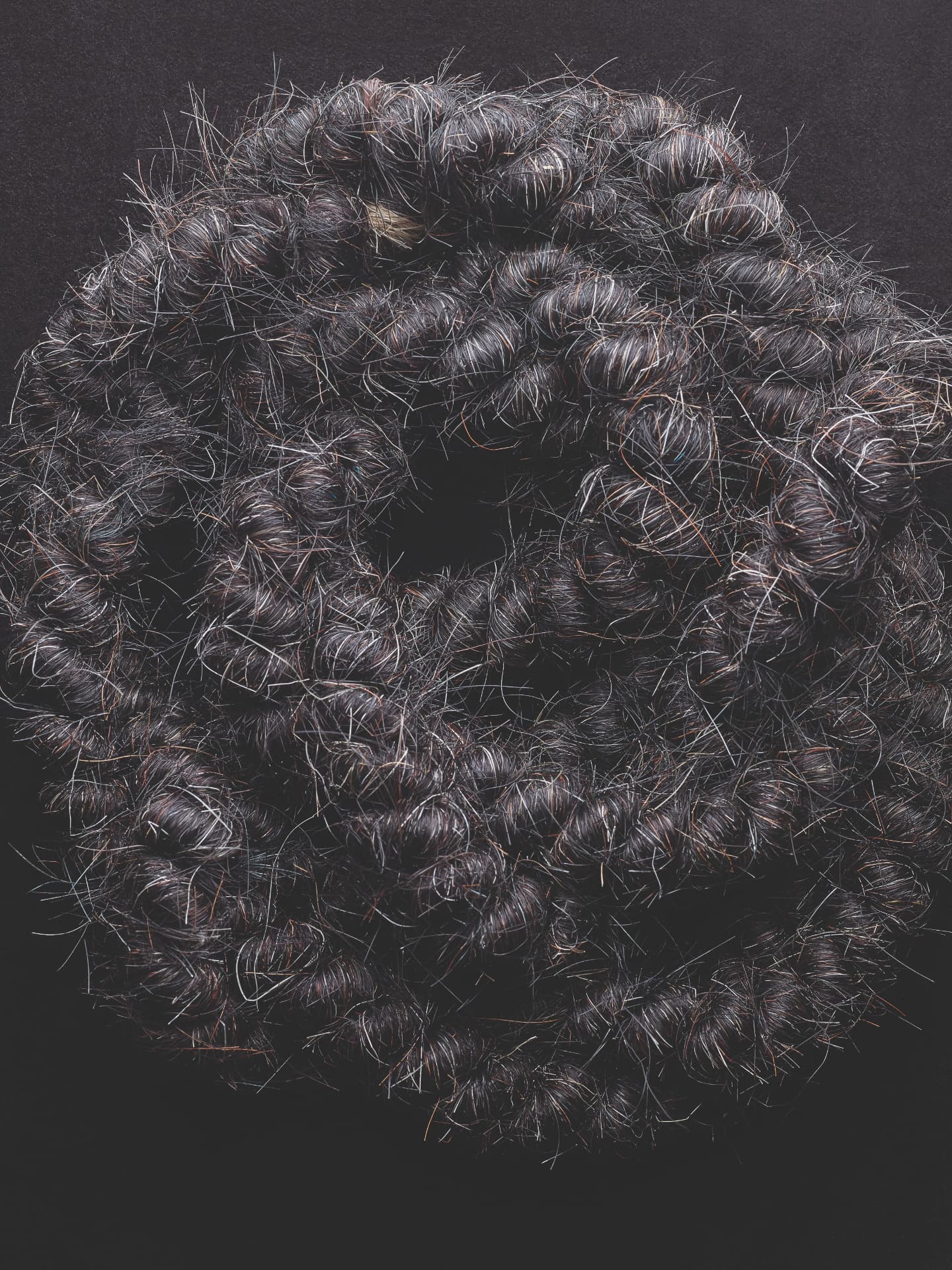 Coiled strands of dark horsetail, teased and curled for springy resilience