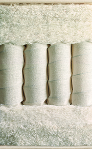 Cut-through of the Elite mattress, showing pocket springs between layers of natural fillings